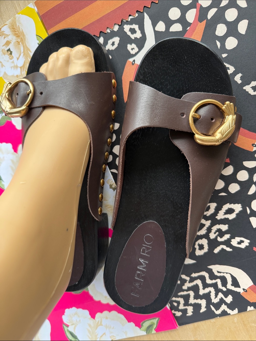 FARM Rio Dark Brown Leather Slide Sandals with Gold Tone Buckle